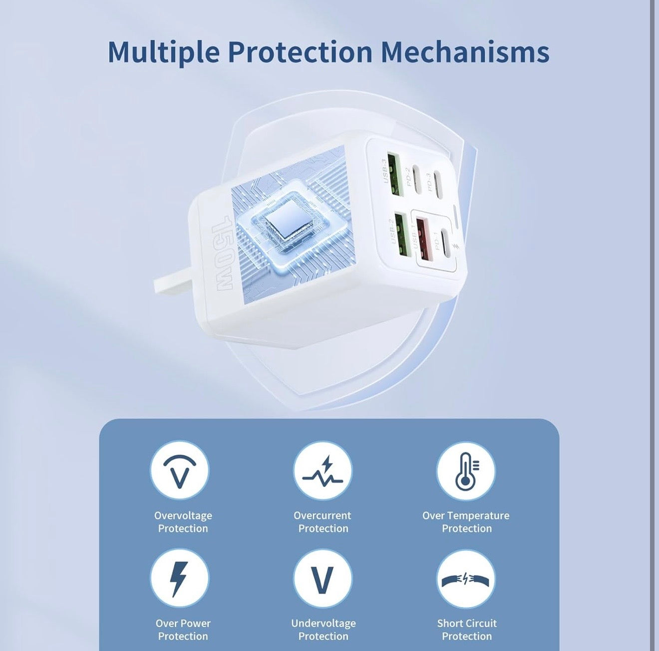 USB Plug Charger, 150W 6-Port Multi Charging Power Adapter with PD 25W Power Adapter QC 3.0 Fast Charging Plug for iPhone Android (white)