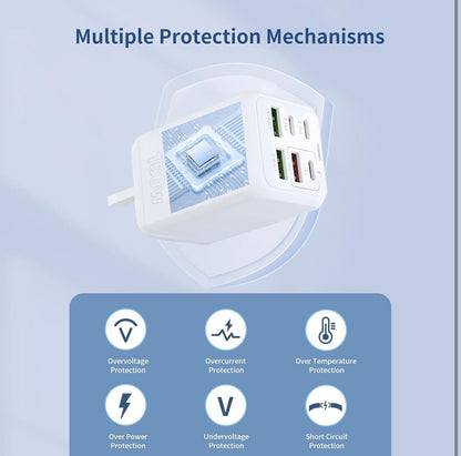 USB Plug Charger, 150W 6-Port Multi Charging Power Adapter with PD 25W Power Adapter QC 3.0 Fast Charging Plug for iPhone Android (white)