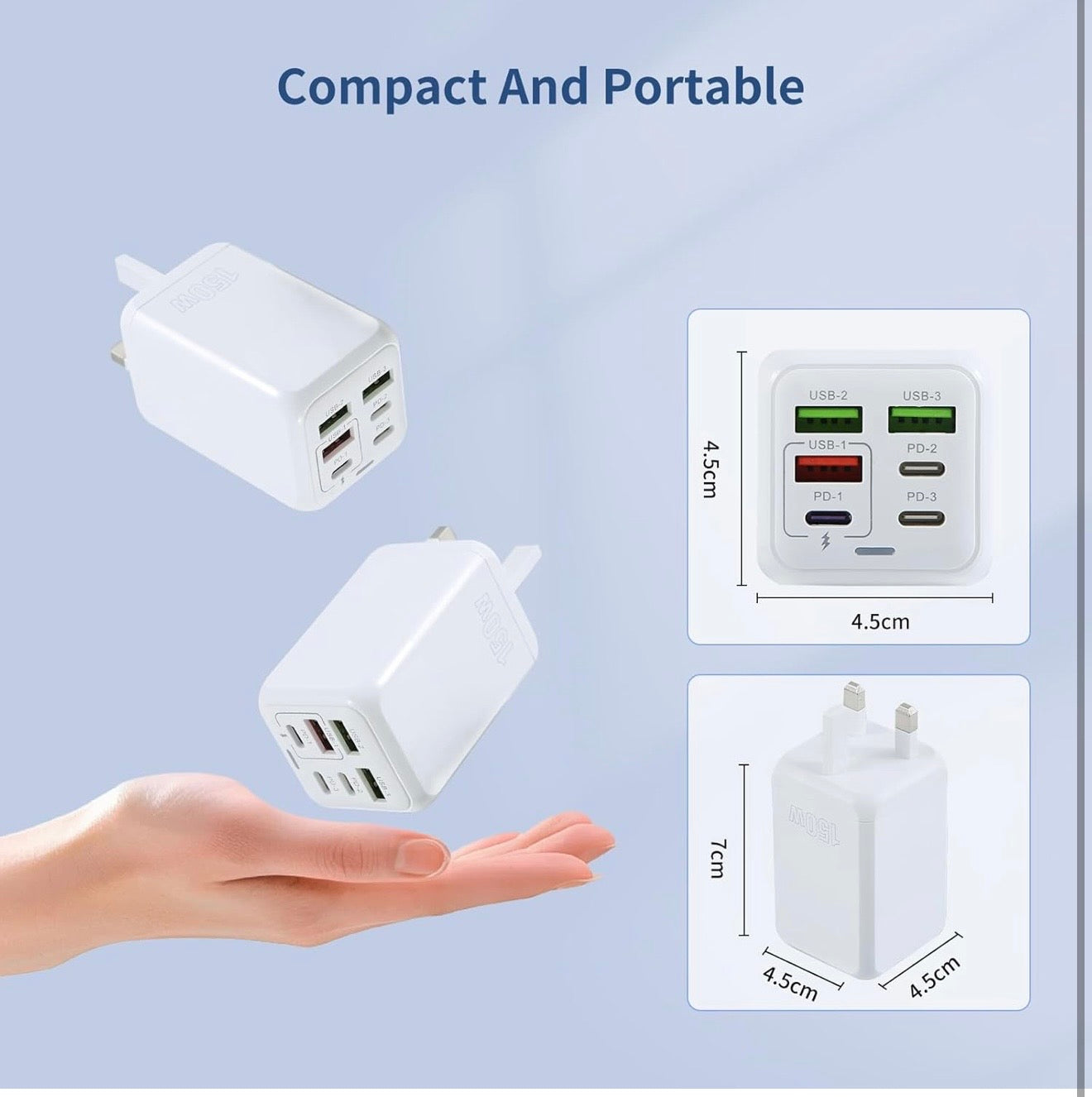 USB Plug Charger, 150W 6-Port Multi Charging Power Adapter with PD 25W Power Adapter QC 3.0 Fast Charging Plug for iPhone Android (white)