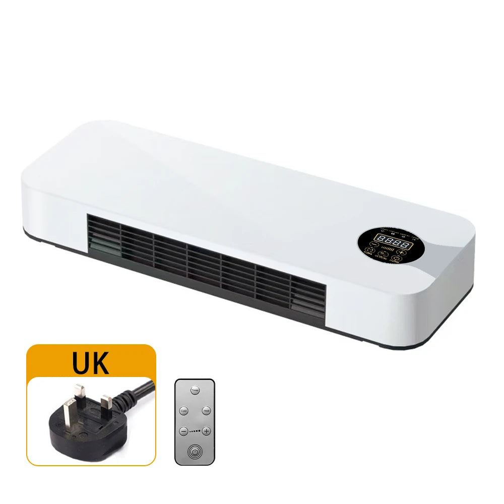 White electric heater with UK plug and remote control on a white background