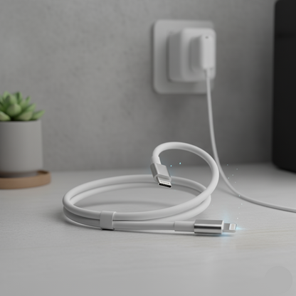 White charging cable with USB and Lightning connectors on a gray surface with a blurred background