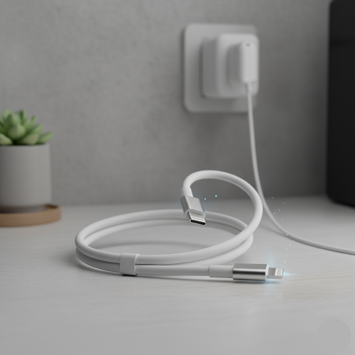 White charging cable with USB and Lightning connectors on a gray surface with a blurred background