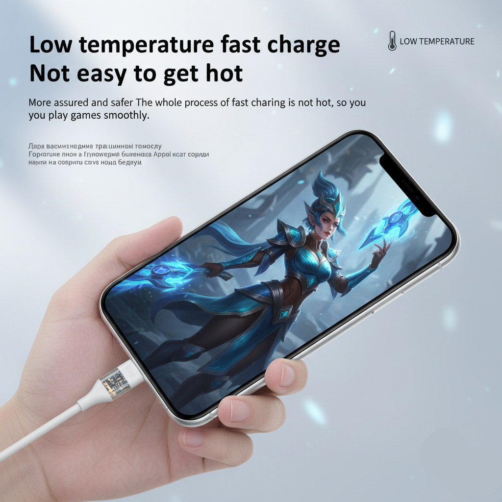 Hand holding a smartphone with a character on the screen, connected to a charging cable, against a light gray background.