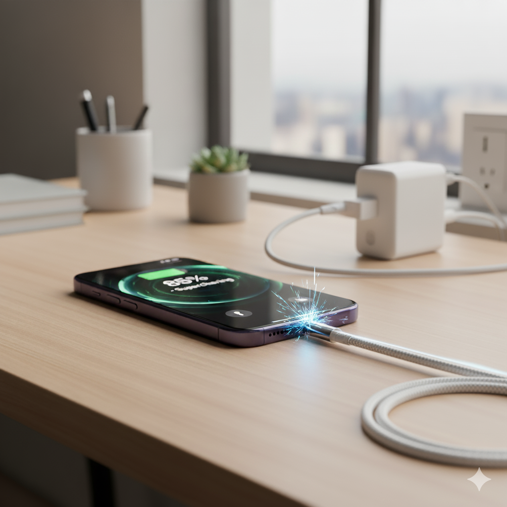 Smartphone charging on a desk with a blurred cityscape background