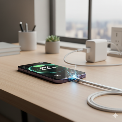 Smartphone charging on a desk with a blurred cityscape background