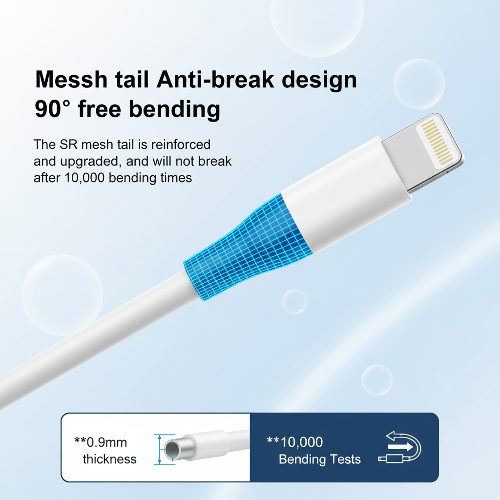 White cable with blue mesh tail on a light blue background, featuring text about anti-break design and bending tests.