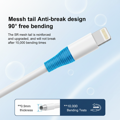 White cable with blue mesh tail on a light blue background, featuring text about anti-break design and bending tests.