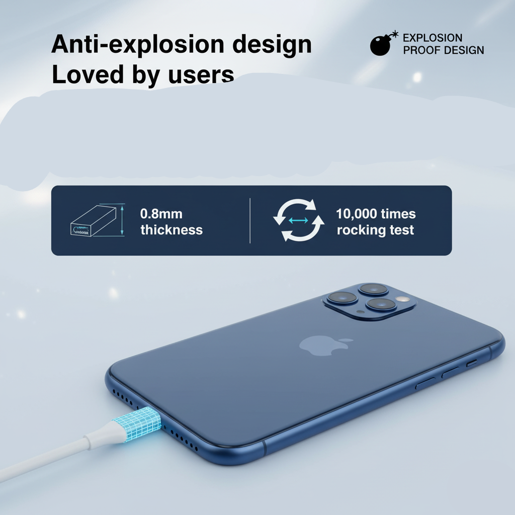 Blue phone with charging cable on a light blue background, emphasizing anti-explosion design.