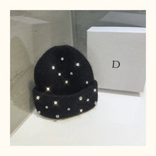 Luxury Rhinestone Beanie – Rabbit Fur Wool Knit Hat – Thick Warm Korean Fashion