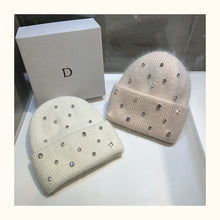 Luxury Rhinestone Beanie – Rabbit Fur Wool Knit Hat – Thick Warm Korean Fashion