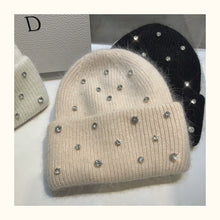 Luxury Rhinestone Beanie – Rabbit Fur Wool Knit Hat – Thick Warm Korean Fashion