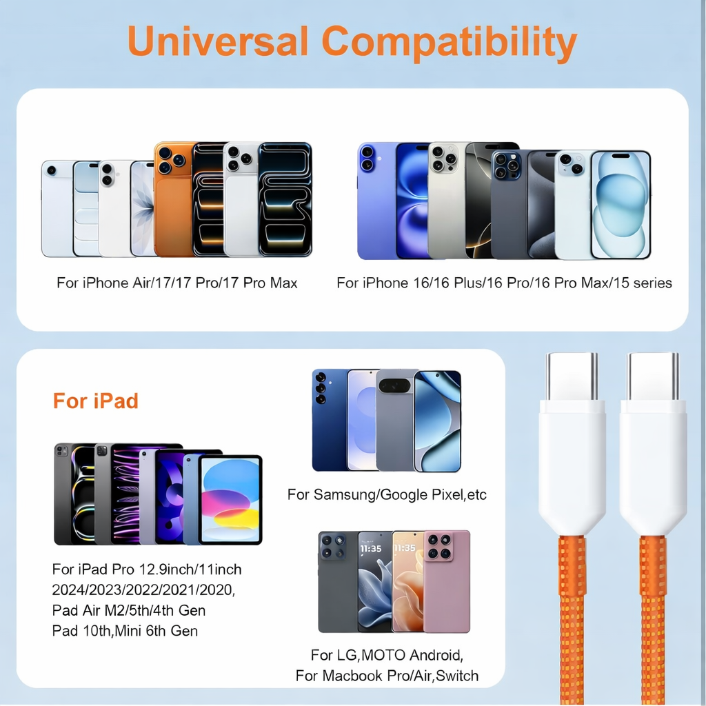 USB-C to USB-C Fast Charging Cable – Durable Orange Braided Design - Perfect for iPhone 17 Pro Max and other latest models