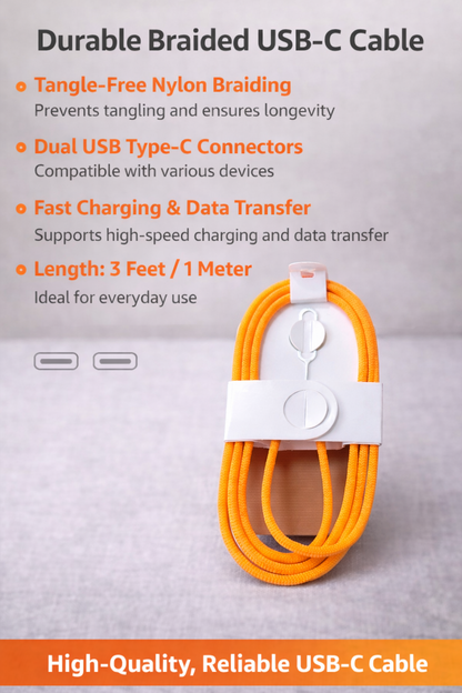 USB-C to USB-C Fast Charging Cable – Durable Orange Braided Design - Perfect for iPhone 17 Pro Max and other latest models