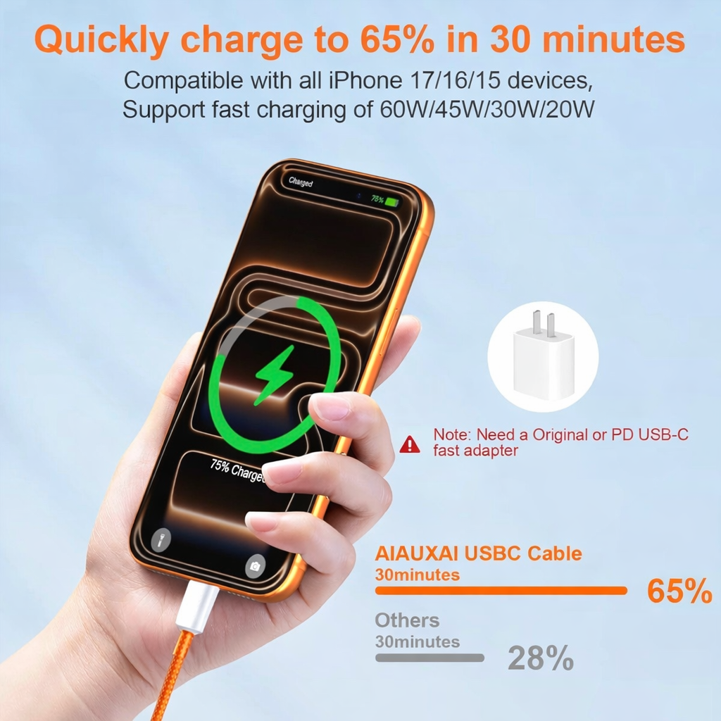 USB-C to USB-C Fast Charging Cable – Durable Orange Braided Design - Perfect for iPhone 17 Pro Max and other latest models