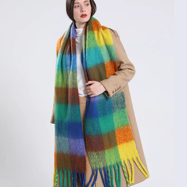 Women’s Cashmere Winter Scarf – Thick Warm Pashmina Shawl – Soft Rainbow Tassel Wrap