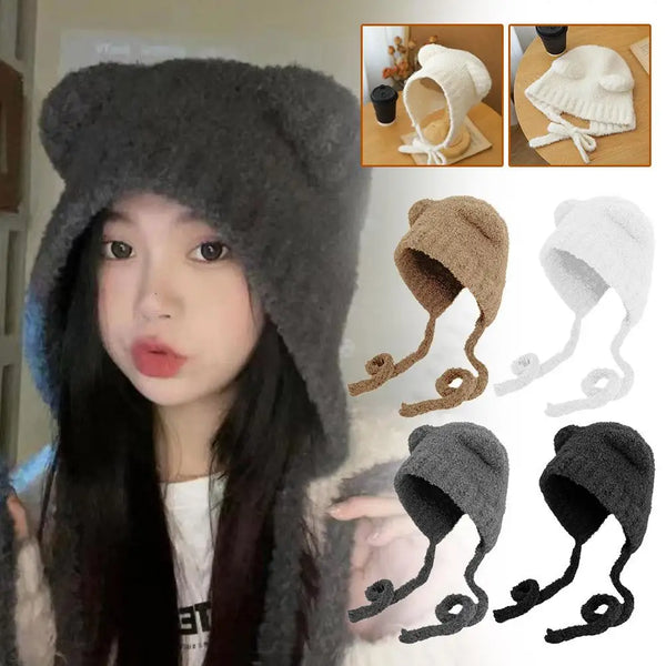 Winter Plush Beanie – Cute Bear-Ear Wool Hat – Warm Lace-Up Knitted Cap