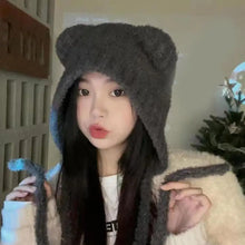 Winter Plush Beanie – Cute Bear-Ear Wool Hat – Warm Lace-Up Knitted Cap