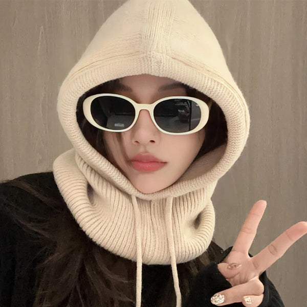Knitted Hooded Balaclava Hat – Women’s Winter Neck Collar – Outdoor Drawstring Beanie