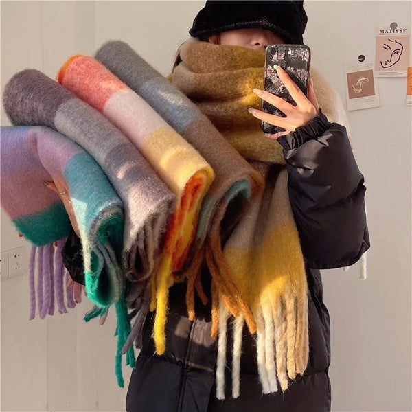 Women’s Cashmere Winter Scarf – Thick Warm Pashmina Shawl – Soft Rainbow Tassel Wrap