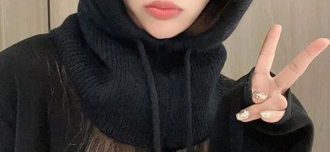 Knitted Hooded Balaclava Hat – Women’s Winter Neck Collar – Outdoor Drawstring Beanie