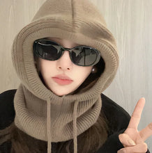 Knitted Hooded Balaclava Hat – Women’s Winter Neck Collar – Outdoor Drawstring Beanie