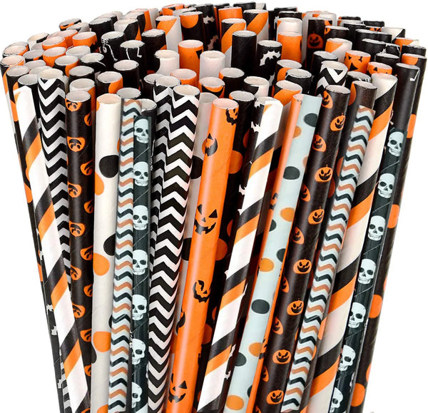 Halloween Paper Straws (25–100 pcs) – Spider & Skull Pattern – Party Drink Decor
