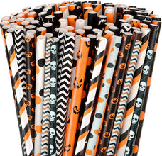 Halloween Paper Straws (25–100 pcs) – Spider & Skull Pattern – Party Drink Decor