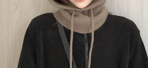 Knitted Hooded Balaclava Hat – Women’s Winter Neck Collar – Outdoor Drawstring Beanie
