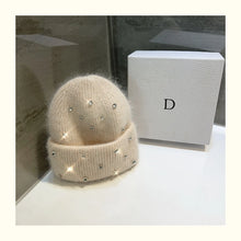 Luxury Rhinestone Beanie – Rabbit Fur Wool Knit Hat – Thick Warm Korean Fashion