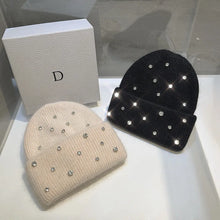 Luxury Rhinestone Beanie – Rabbit Fur Wool Knit Hat – Thick Warm Korean Fashion