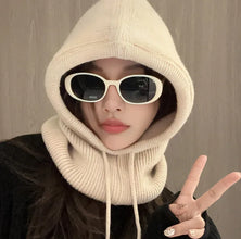 Knitted Hooded Balaclava Hat – Women’s Winter Neck Collar – Outdoor Drawstring Beanie