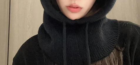 Knitted Hooded Balaclava Hat – Women’s Winter Neck Collar – Outdoor Drawstring Beanie