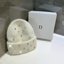 Luxury Rhinestone Beanie – Rabbit Fur Wool Knit Hat – Thick Warm Korean Fashion