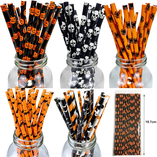 Halloween Paper Straws (25–100 pcs) – Spider & Skull Pattern – Party Drink Decor
