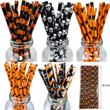 Halloween Paper Straws (25–100 pcs) – Spider & Skull Pattern – Party Drink Decor