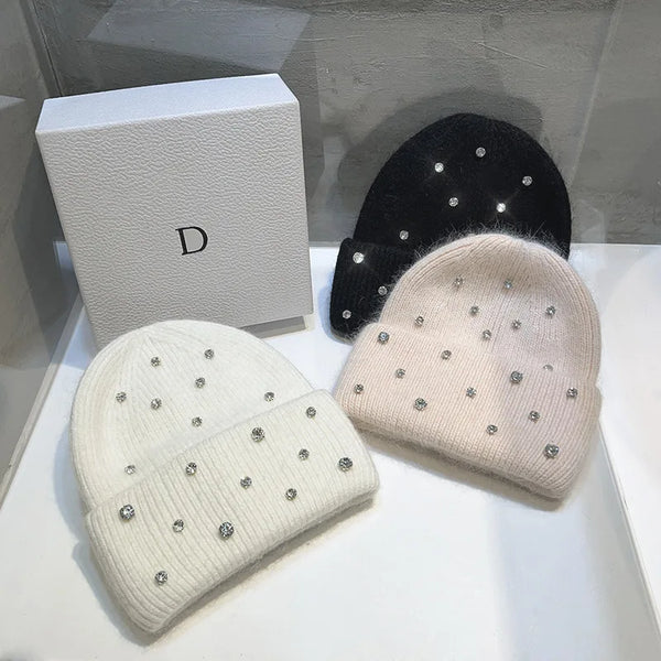Luxury Rhinestone Beanie – Rabbit Fur Wool Knit Hat – Thick Warm Korean Fashion