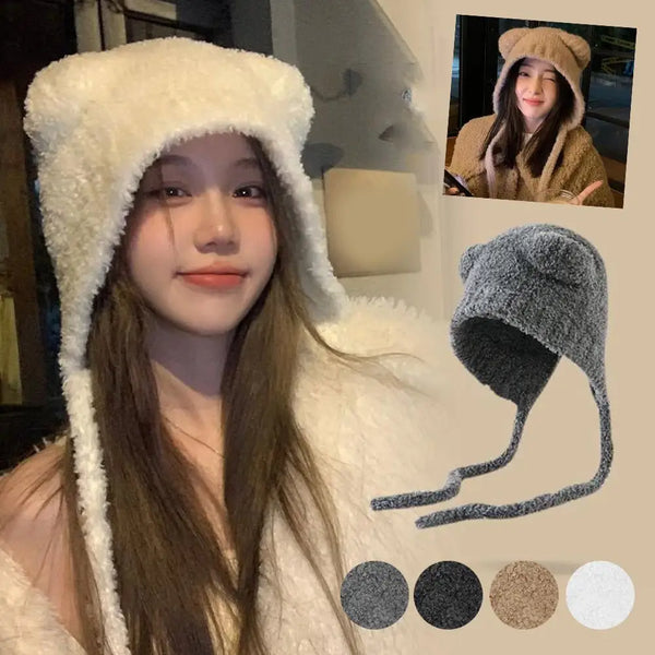 Winter Plush Beanie – Cute Bear-Ear Wool Hat – Warm Lace-Up Knitted Cap
