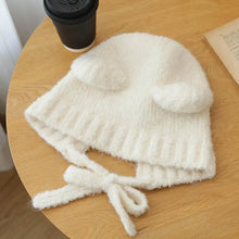 Winter Plush Beanie – Cute Bear-Ear Wool Hat – Warm Lace-Up Knitted Cap