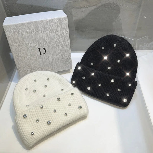 Luxury Rhinestone Beanie – Rabbit Fur Wool Knit Hat – Thick Warm Korean Fashion