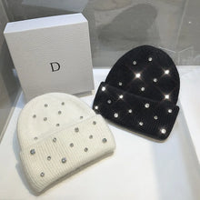 Luxury Rhinestone Beanie – Rabbit Fur Wool Knit Hat – Thick Warm Korean Fashion