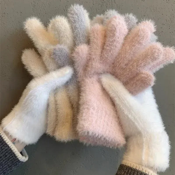 Women’s Mink Velvet Gloves – Plush Warm Five-Finger – Outdoor Cycling Cold-Proof