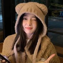 Winter Plush Beanie – Cute Bear-Ear Wool Hat – Warm Lace-Up Knitted Cap