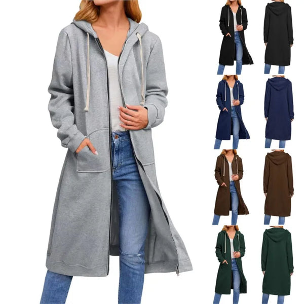 Women’s Long Cardigan – Hooded Drawstring Pocket Coat – Casual Spring/Autumn Layer
