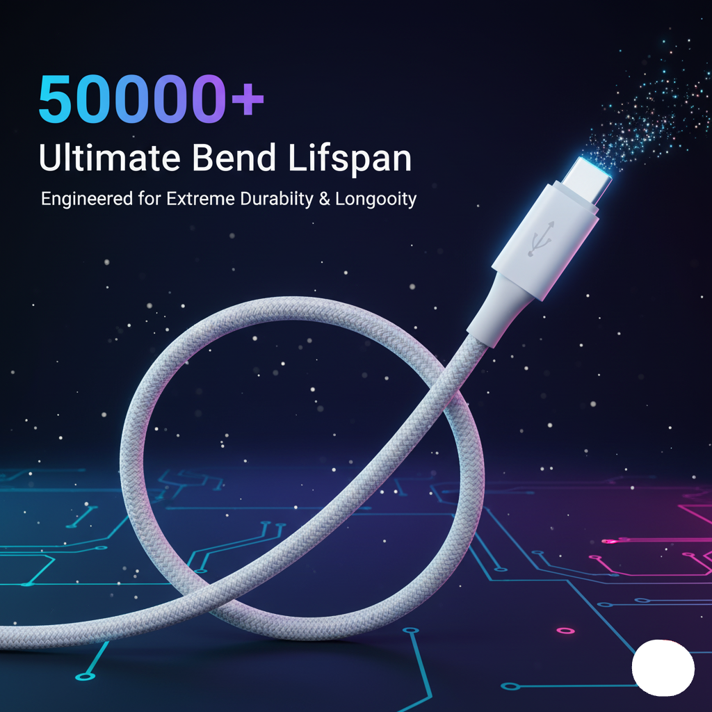 White cable with USB connector on a dark background with text about durability and lifespan.