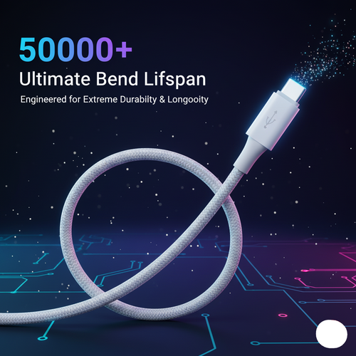 White cable with USB connector on a dark background with text about durability and lifespan.