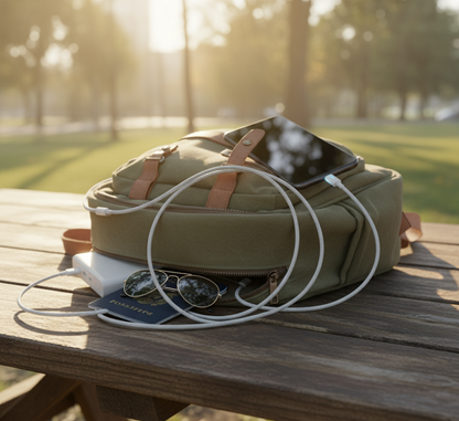 Green backpack with sunglasses and a cable on a wooden table outdoors