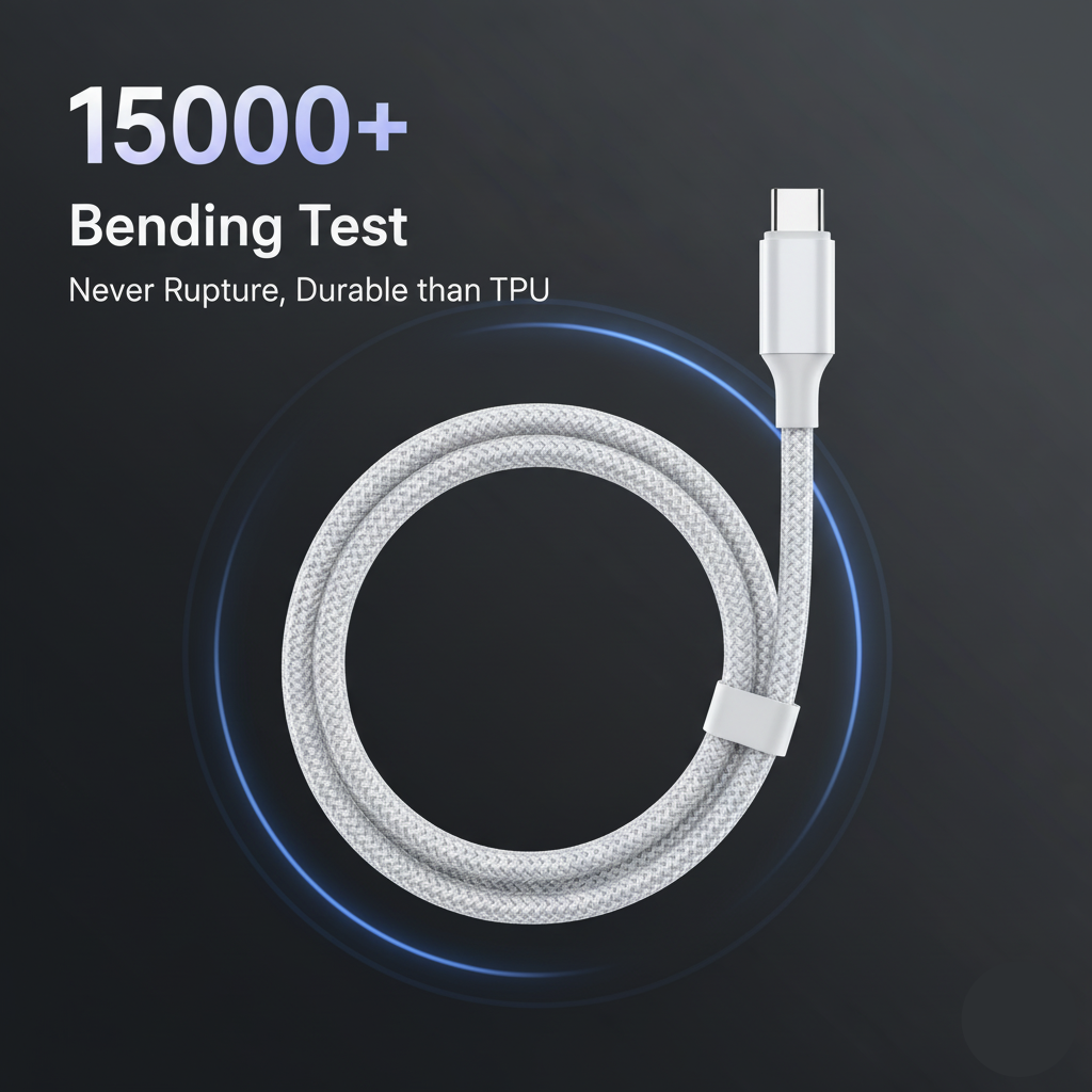 White charging cable with text about durability on a dark background