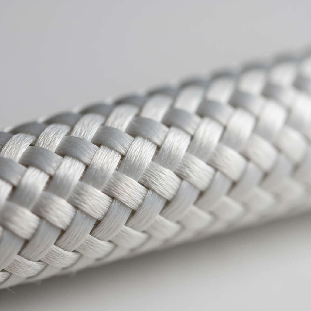 Close-up of braided silver wire on a light gray background