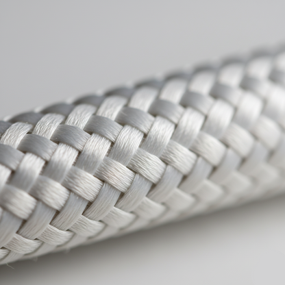 Close-up of braided silver wire on a light gray background
