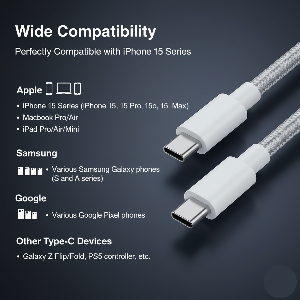 Two USB-C cables with compatibility text on a dark background